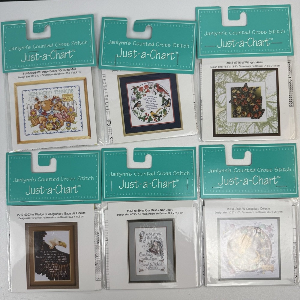 Janlynn Just-a-Chart Cross Stitch Lot 6 NOS‎ Patterns Eagle Celestial Floral